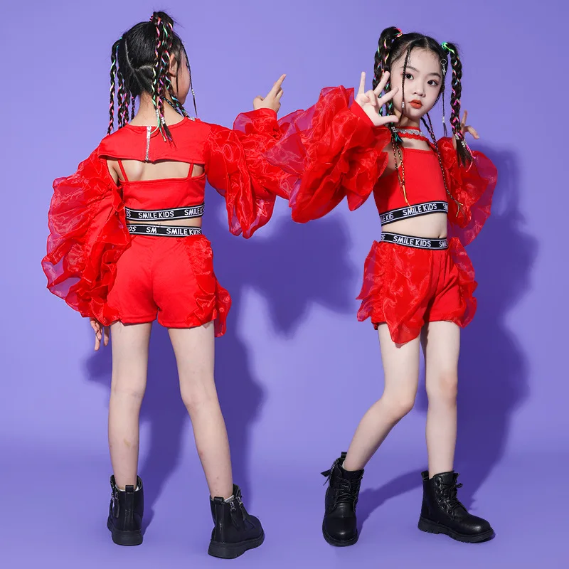 

Dance Clothes Concert Stage Performance Wear New Girls Jazz Dance Costume Fluffy Sleeves Suit Kids Hip Hop