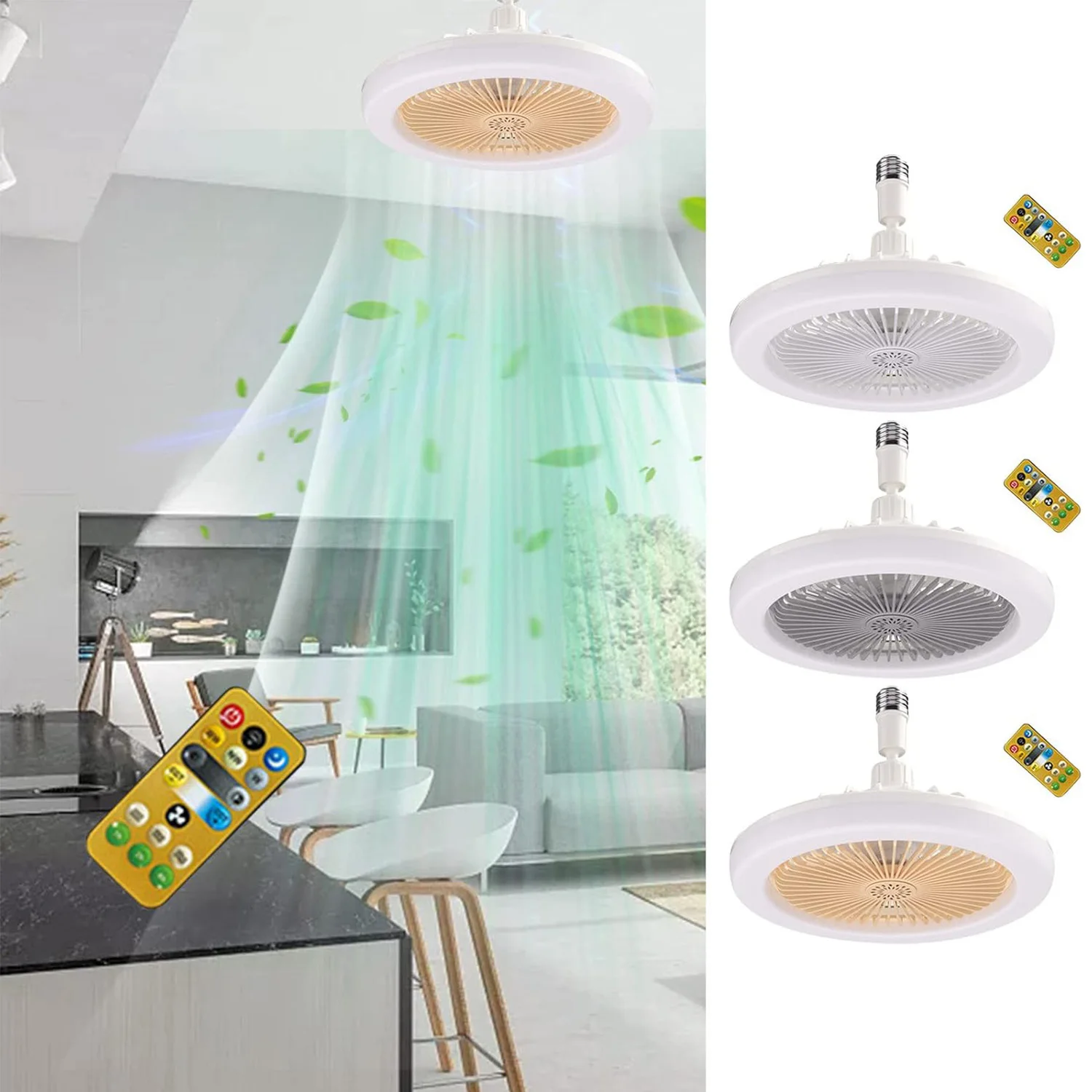Rotatable 3 in 1 Ceiling Fan with Remote Control LED Lighting Lamp Adjustable E27 Socket Fan for Kitchen Bedroom Living Room