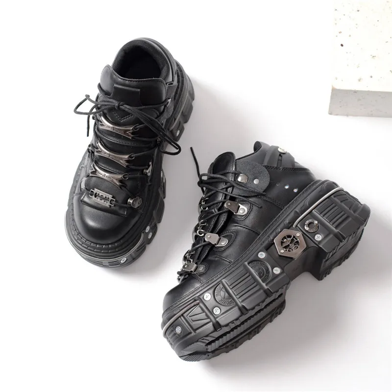 Fashion Women Punk Platform Shoes for Woman's Lace-Up Round Toe Metal Decoration Thin Heels Sneakers Gothic Party Nightclub Shoe image 5