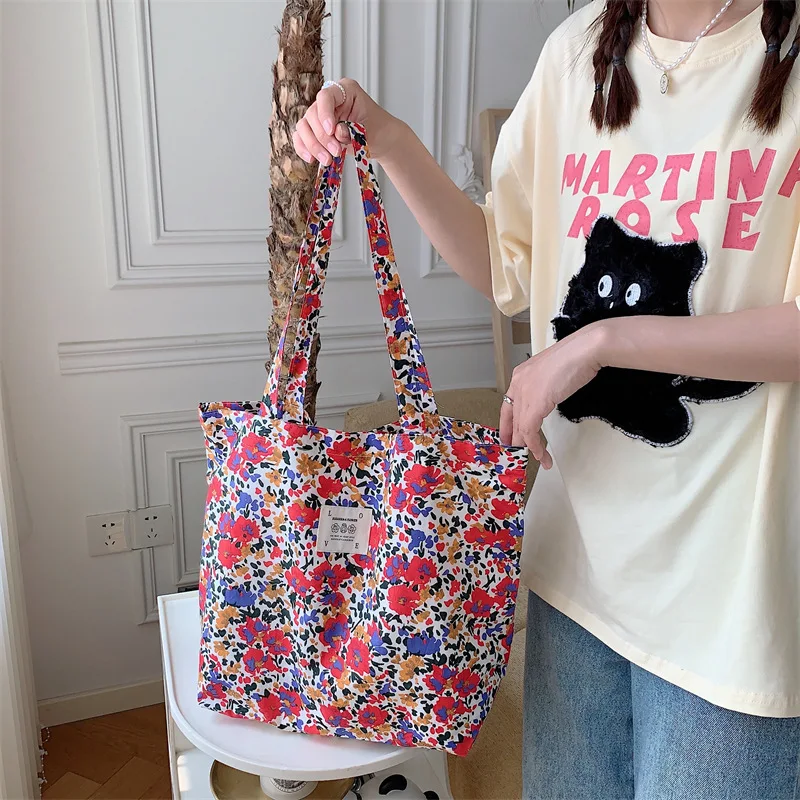 Fresh Summer Rose Floral Printed Canvas Bag Roomy Single Shoulder Handbag Multifunctional Beach Travel Grocery Shopping Pouch