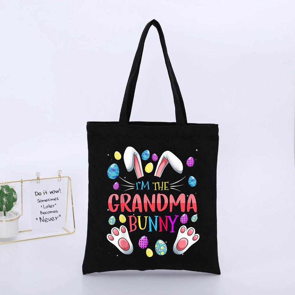 Grandma's Easter Bunny Ears & Eggs Print Canvas Tote Bag, Casual Style for Spring Celebrations