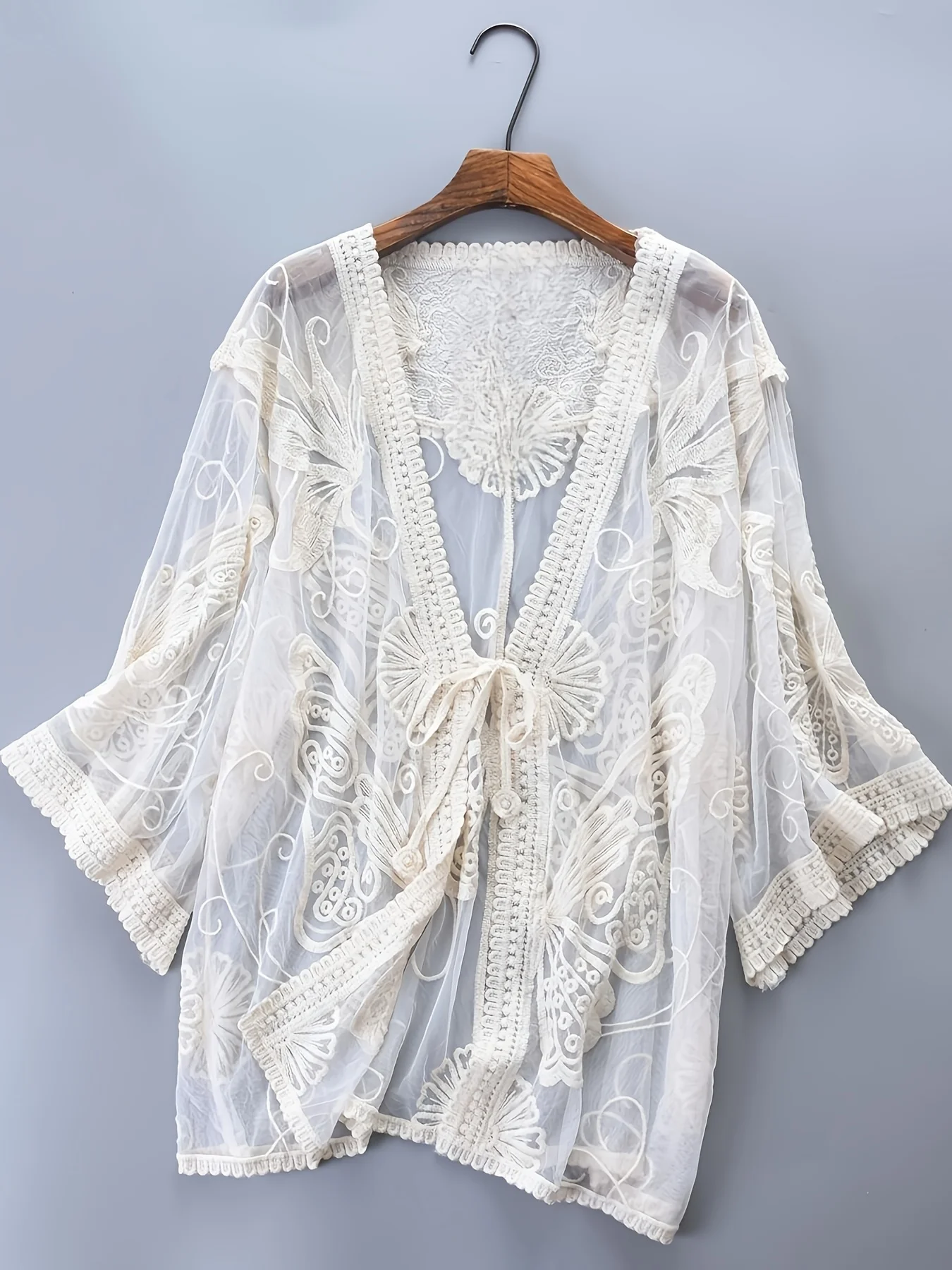 Summer women's beach cover shirt with butterfly embroidery and hollow splicing cardigan top, thin vacation sunscreen shirt