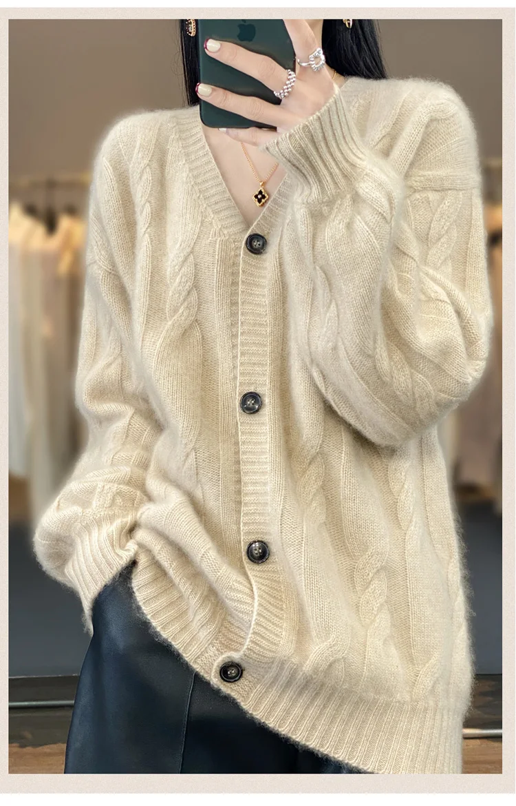 V-neck Cashmere Cardigan for Female, 100% Pure Cashmere, Twisted Flower, Long Sleeve, Thick Knit Coat, Loose Sweater Top