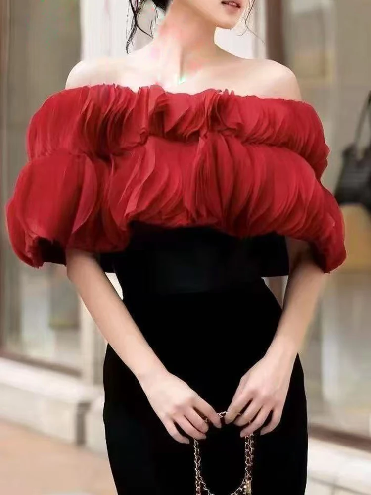 

Дизайнерский многослойный сексуальный топ без бретелек с открытыми плечами и рюшами, осень 2022, женская мода, универсальный вечерний топ с лямкой на бретельках