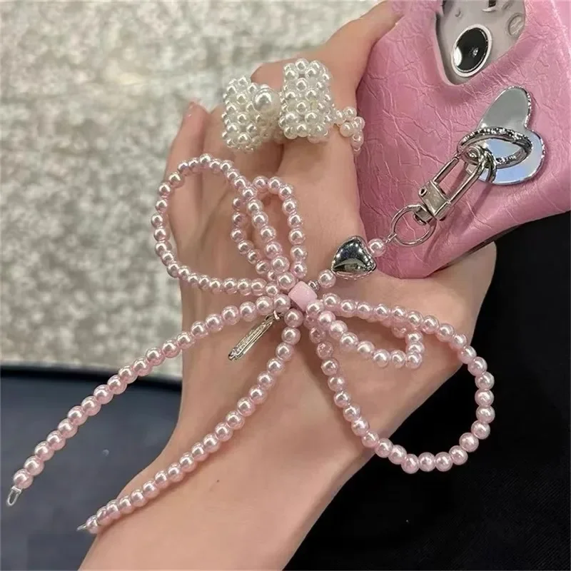 1/4Pcs Elegant Pearls Bowknot Keychain Girls Double Layer Beaded Bow Pendant Bag Hanging Decoration Mobile Phone Key Rings