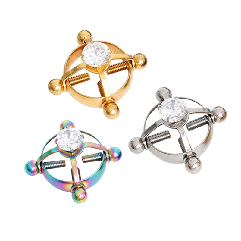 SAFashion Crystal Stainless Steel Fake Nipple Rings For Women Screw Back Non Piercing Clip Nipple Piercing Jewelry