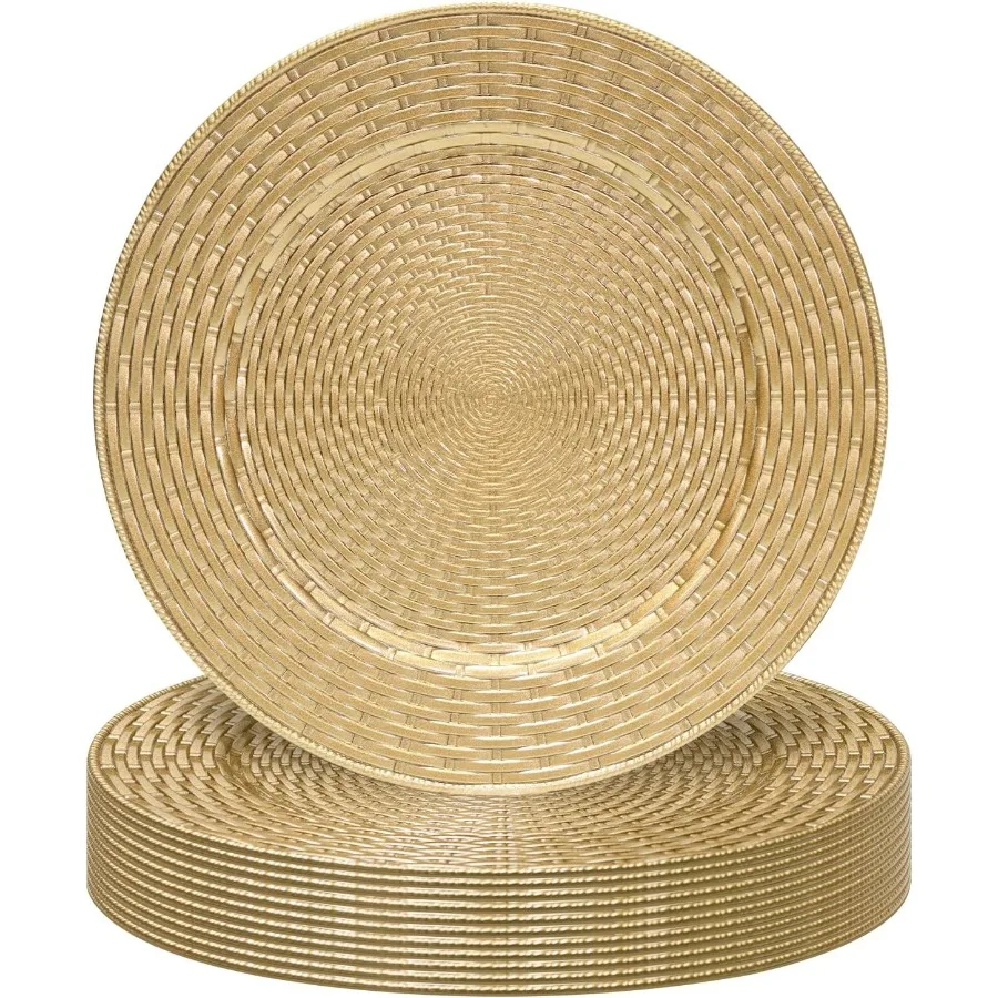 

13-дюймовые золотые тарелки для зарядного устройства, набор из 12 настольных зарядных устройств для обеденных тарелок, зарядные устройства для пластиковых тарелок из искусственного ротанга, круглое зарядное устройство для стола S