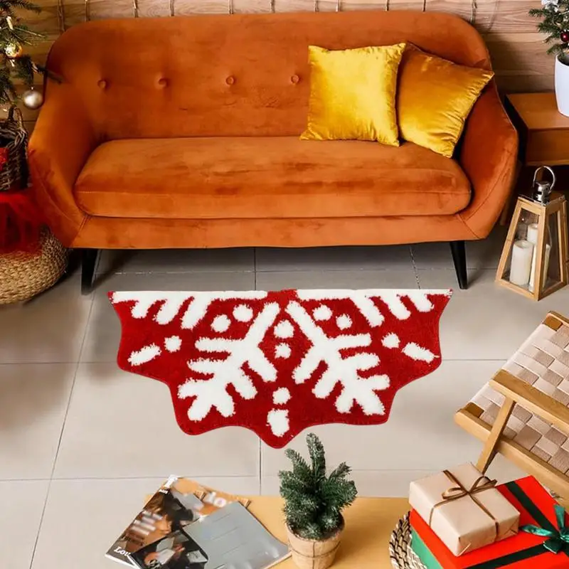 Christmas Snowflake Bathroom Rug Semi Circular Non-Slip Shower Carpet Christmas Accent Area Rugs For Living Room Bedroom Kitchen