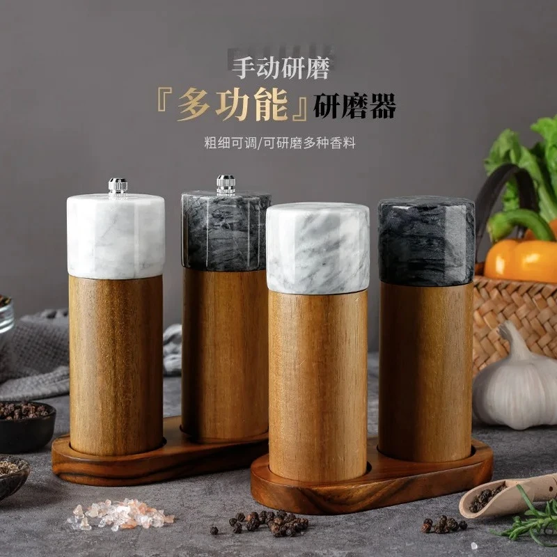 Marble acacia wood grinder spliced ​​manual pepper mill ceramic core pepper multi-purpose seasoning bottle kitchen tool gift