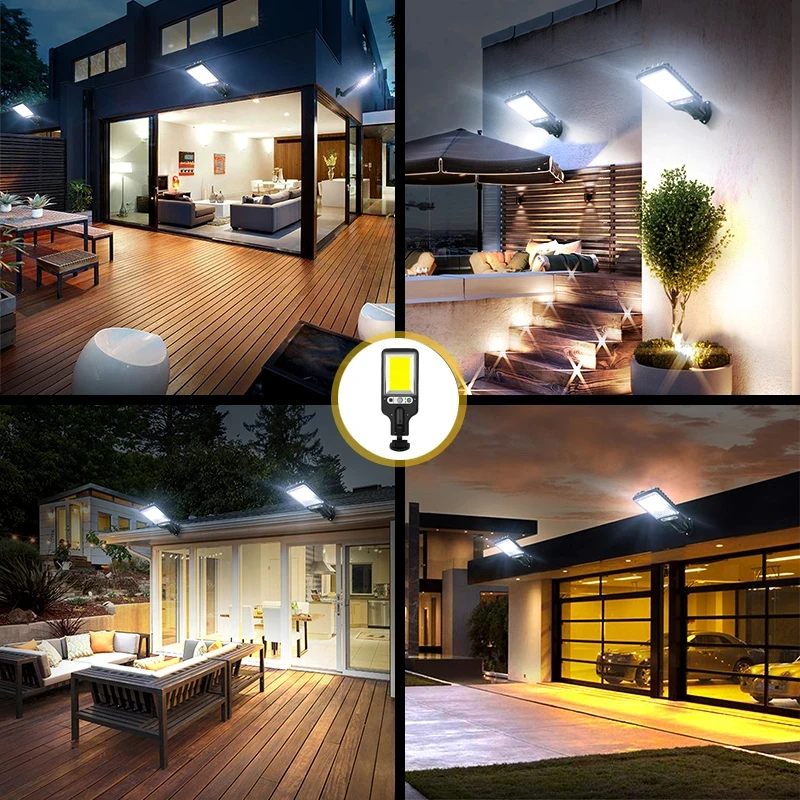 Farolas solares COB para exteriores, lámpara de pared LED inalámbrica de seguridad, impermeable, con 3 modos de luz y Sensor de movimiento, para jardín y Patio, 108/180