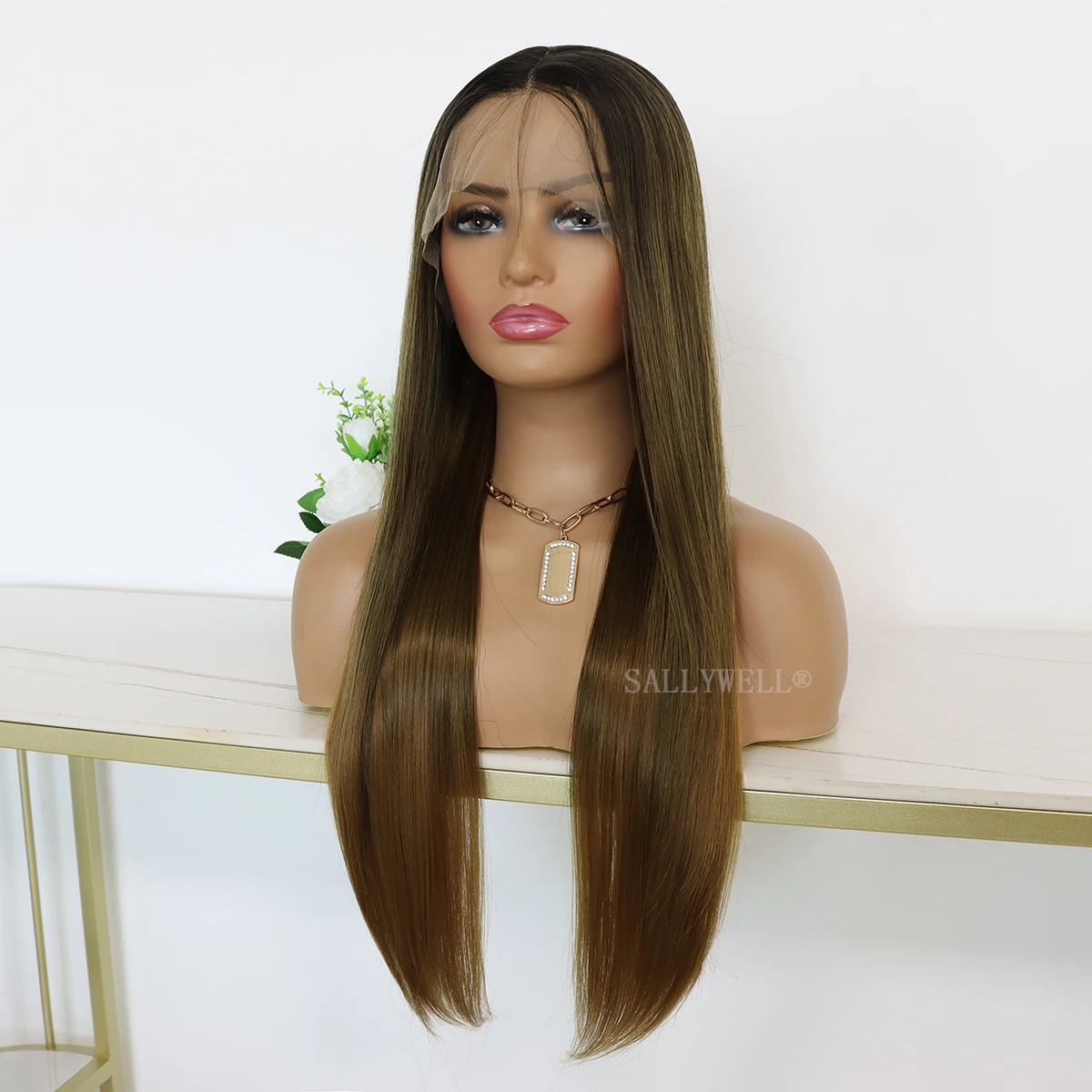 Brown Ombre Synthetic Lace Front Wig Long Straight #27 Lace Front Wig For Women Heat Resistant Fiber 3 Tone Synthetic Hair Wig