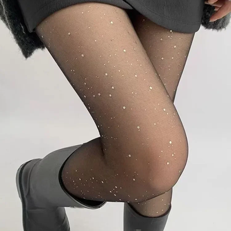 Sexy Glänzende Pailletten Damen Transparente Elastische Strumpfhosen Lange Beine Koreanischer Y2K Stil Schwarze Hautfarbene Damen-Strumpfhosen Glitzernde Medias – Detail 4