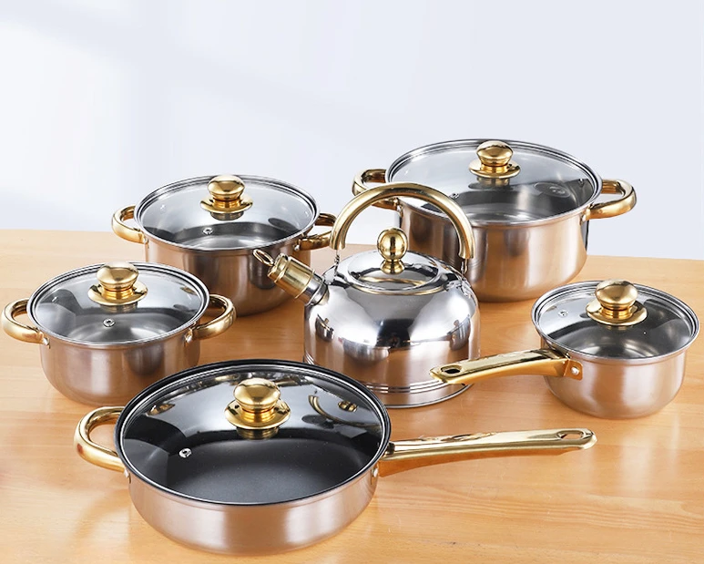 Thickened stainless steel pot set, soup pot, milk pot, frying pan with water kettle, 12 piece set