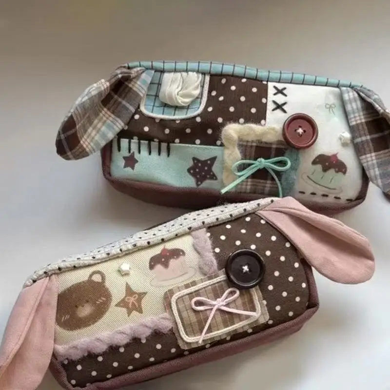 New Kawaii Patchwork Thin Rabbit Ears Pen Bag Cute Student Stationery Storage Bag Ins Student Stationery Pen Bag Cute Gift 2026