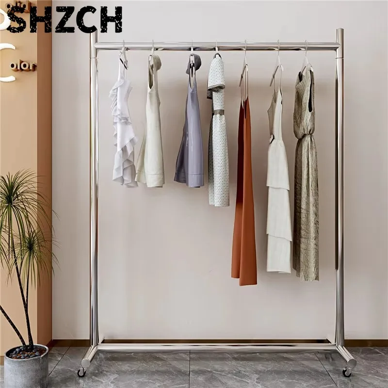 Movable Home Coat Racks Nordic Stainless Steel Rack Clothing Store Display Rack Hanging Clothes Rack Brushed Silver with Wheels