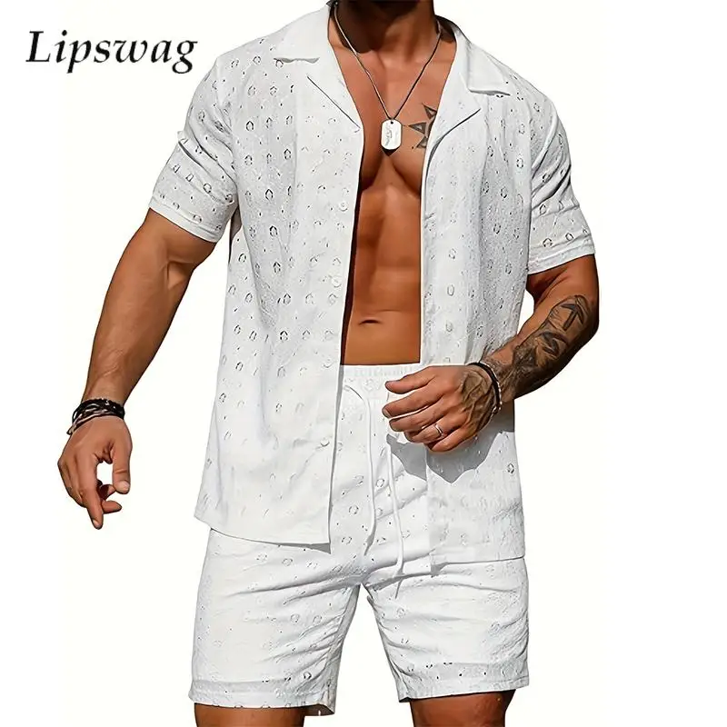 

Vacation Beach Mens Hollow Out Knit Sets Summer Casual Short Sleeve Tops And Shorts Men Knitting Two Piece Suits Fashion Outfits