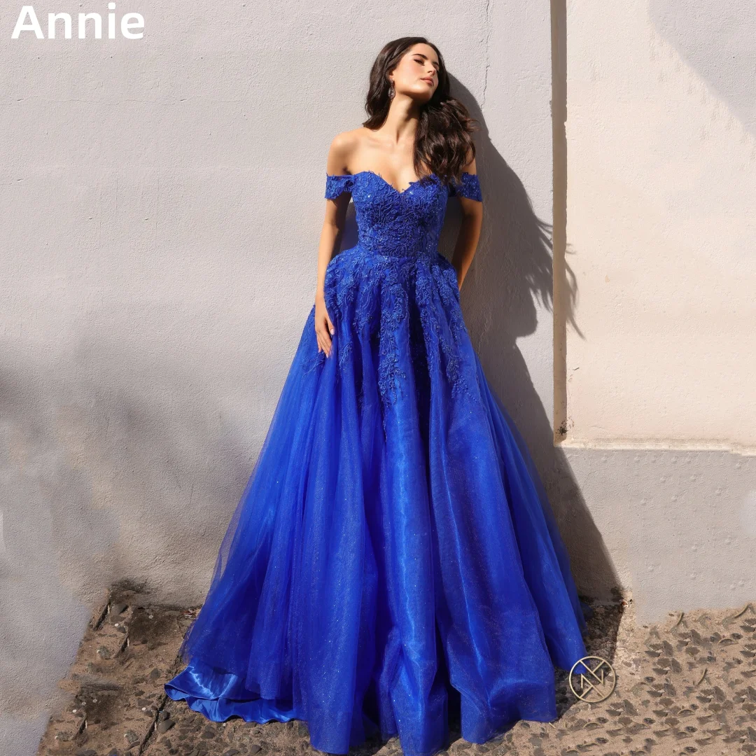 

Annie Blue Prom Dresses Glitter Tulle Off The Shoulder Evening Dresses Formal Occasions Wedding Party Dress Robes De Soirée