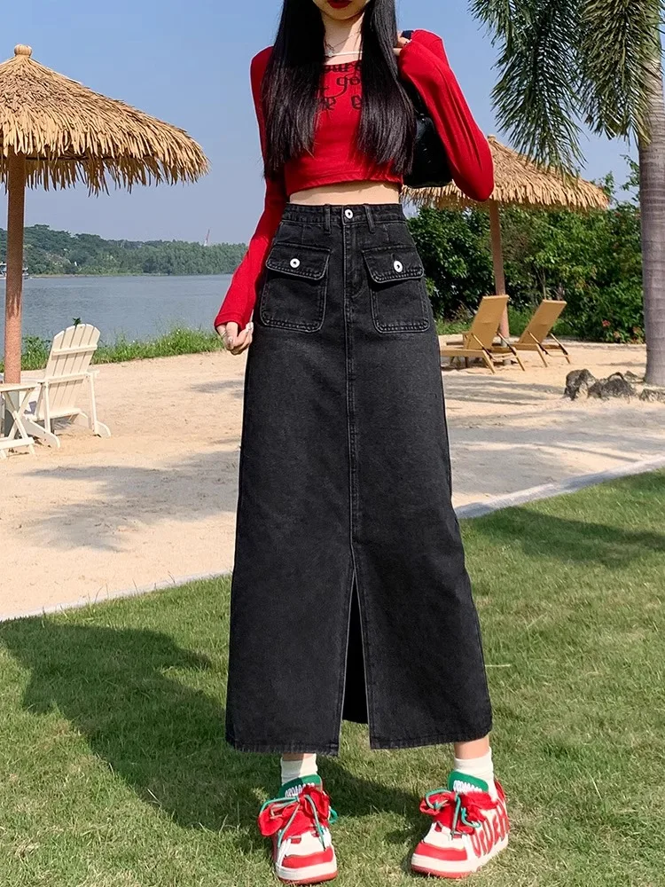 

High Waist A-Line Midi Skirt Black Denim Women's Spring Summer New Style Slimming Design Split Wrap Bodycon Skirt Korean Style