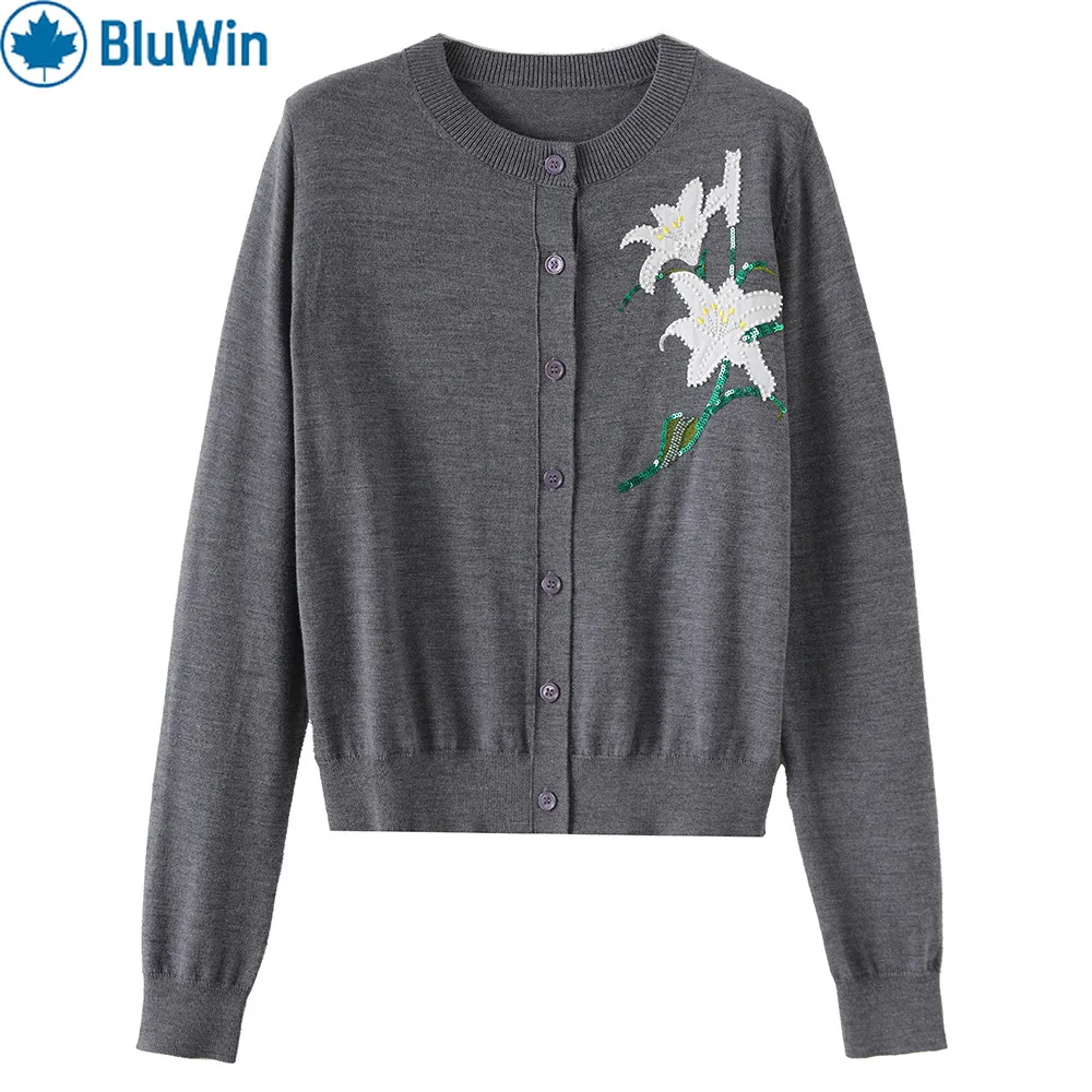 

Wool Knit Cardigan, URBANCHIC Embroidered Sequin Floral Long-Sleeve, Slim Layering For Spring Autumn