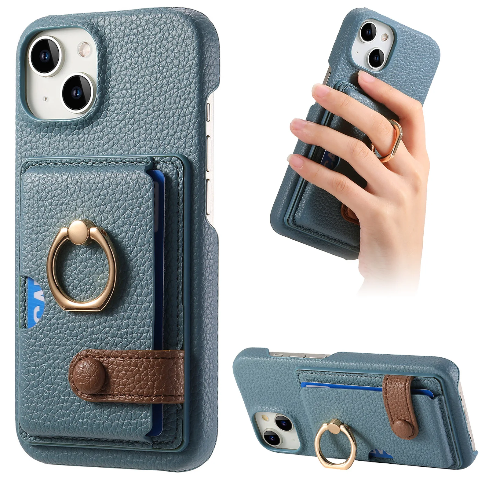 Leather Ring Support Phone Case for IPhone 17 Air 16E 18 16 15 14 13 12 11 Pro Max Plus Wallet with Card Holder Shockproof Cover