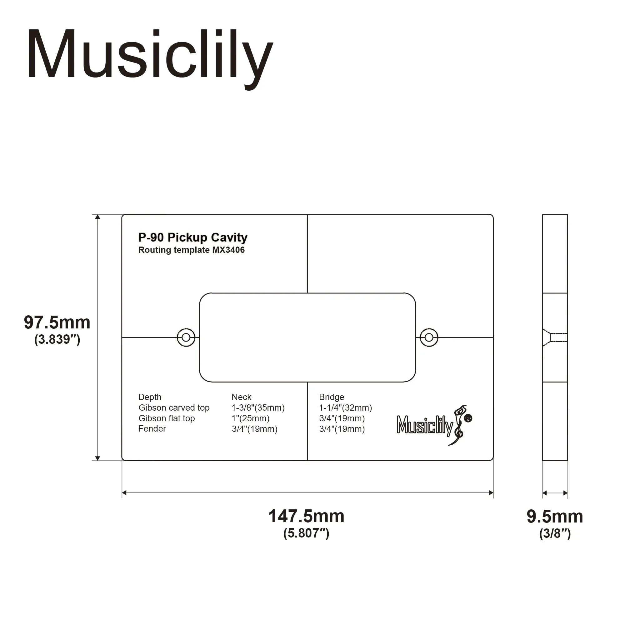 Musiclily Pro CNC Accurate Acrylic P90 Pickup Routing Template for Electric Guitar Body