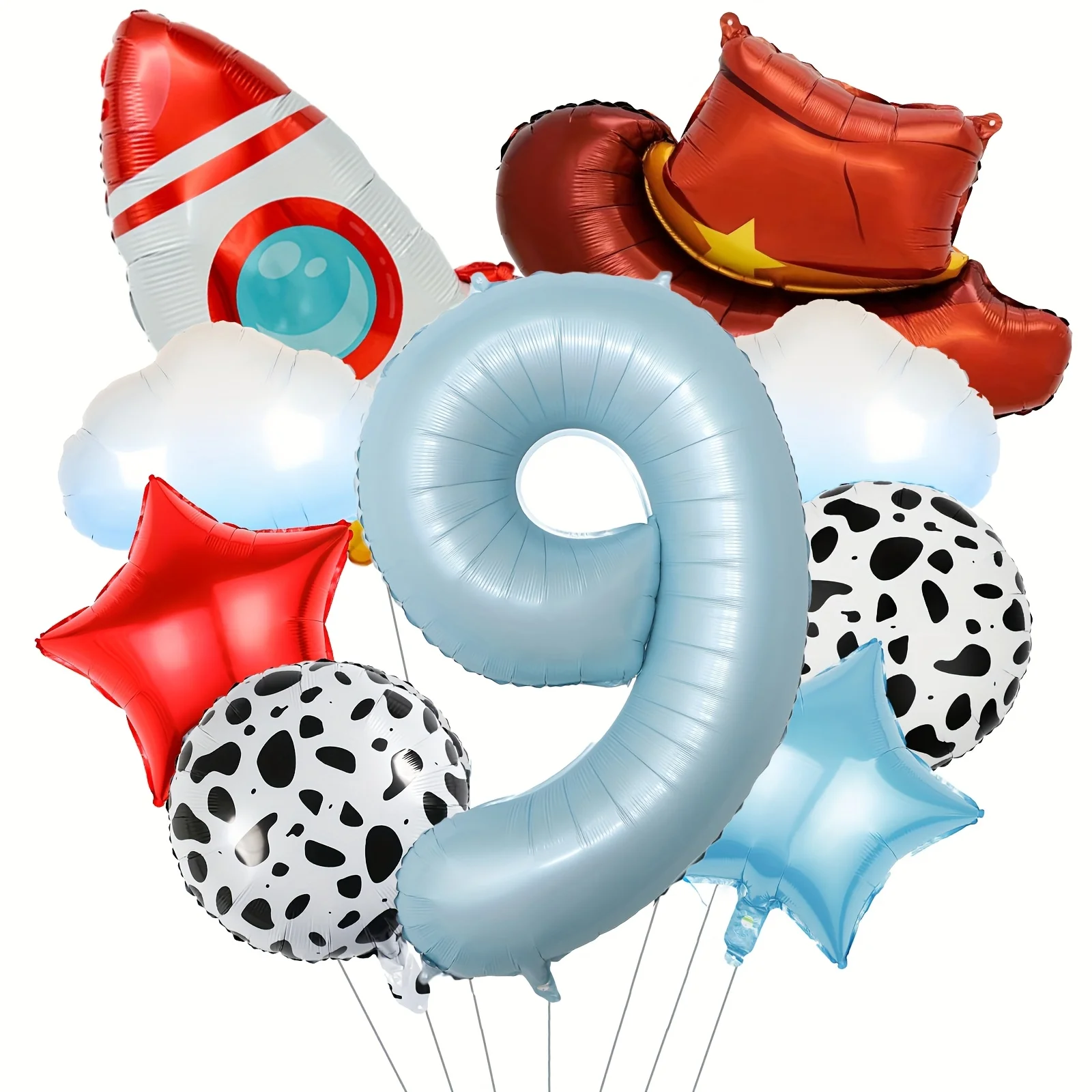 9-teiliges Wolken-Raketen-Cowboyhut-Ballonset mit Zahlen 1-9 für Geburtstag, Western-Party, Babyparty, Taufe, Hochzeitsfeier