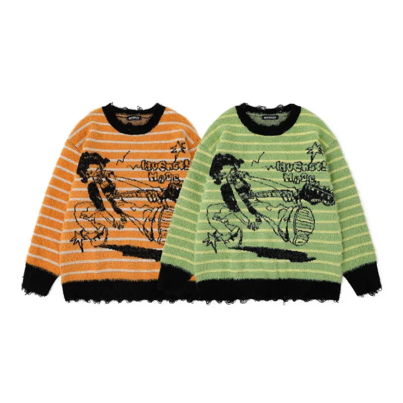 Cartoon Printing Striped Tassel Knitwear Sweater with Scarf Winter Oversized Streetwear Vintage Y2k Unisex Pullover Sweater
