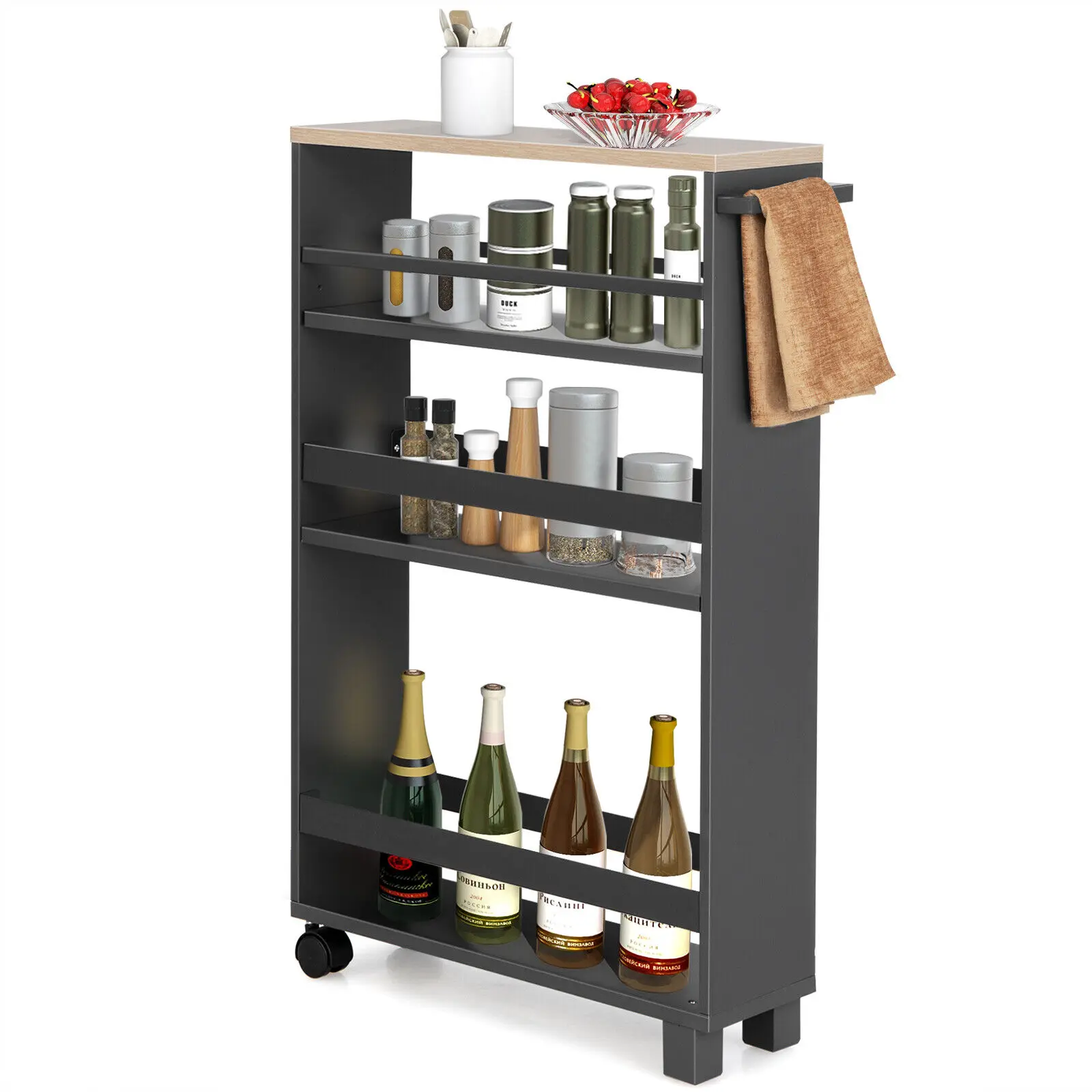 Costway 4-Tier Slim Kitchen Storage Cart Narrow Slide Out Trolley Adjustable Shelf Grey