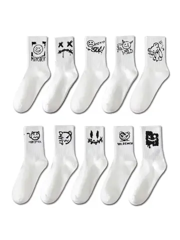 10 pairs of men mid length socks with graffiti funny faces unique street trends moisture wicking and sweat wicking