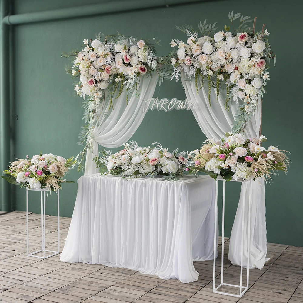 White Greenery Artificial Rime Rose Flower Arrangement for Wedding Decoration KT Board Customized Table Floral Centerpieces