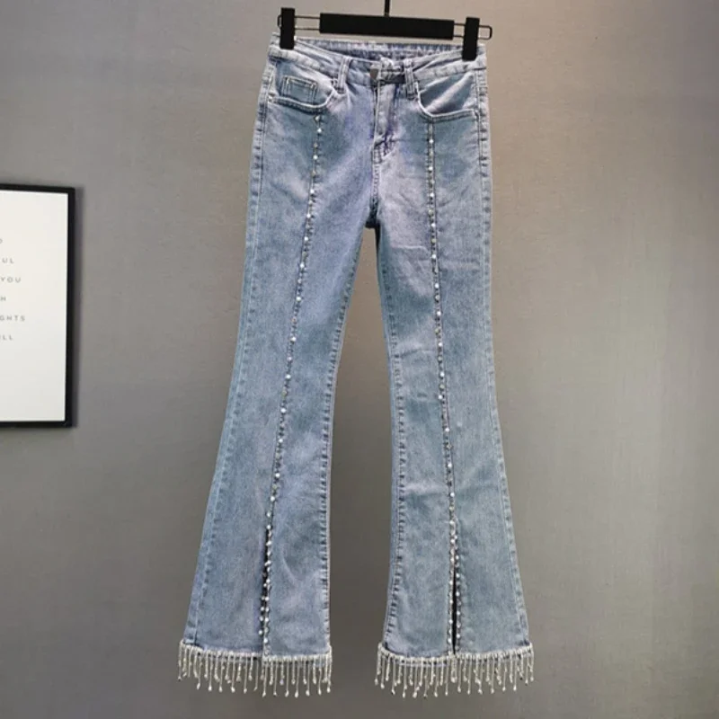 

Summer Women Diamonds Fringed Elastic Jeans Slimming Fit Crystal Tassels Denim Pants Wide Legs Slightly Flared Cowboy Trousers