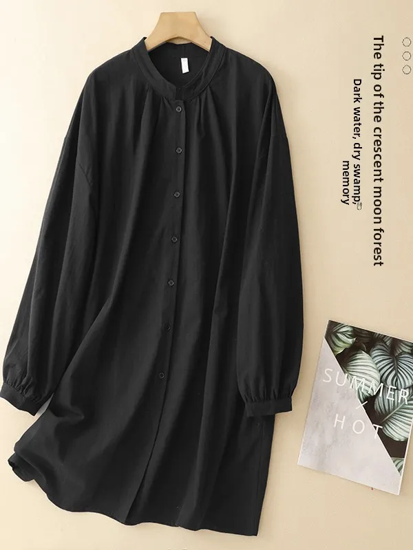 

Bla Long Sve Artistic Women's irt Spring Autumn Cotton Japanese Sle Loose Fit Casual Wear round Ne Button up