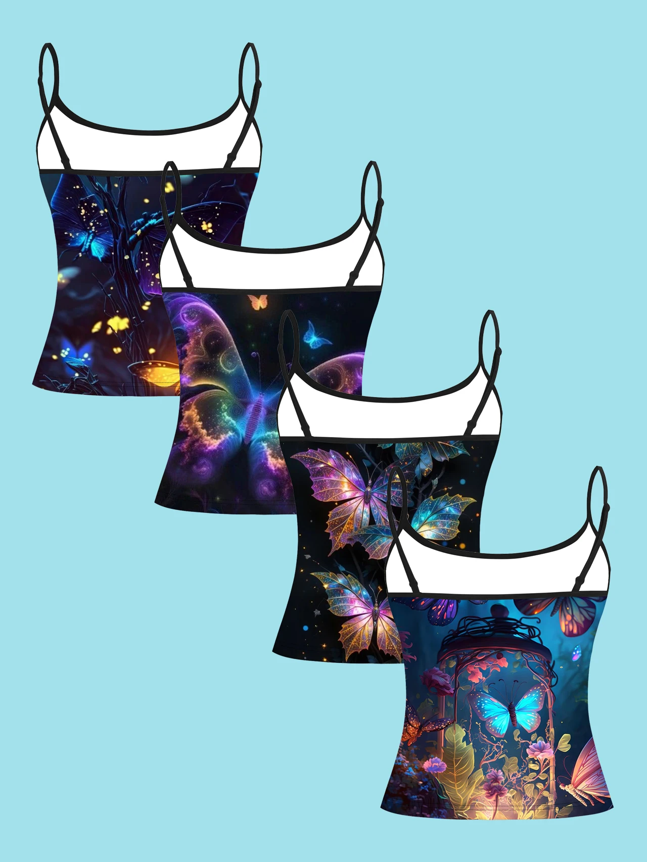 4-Piece Set of Women's Spaghetti Strap Camisoles with Magical Forest Glow-In-The-Dark Butterfly Art Print, Slim-Fit Sleeveless Tops, Dark Fantasy Style Outerwear and Inner Layering Shirts