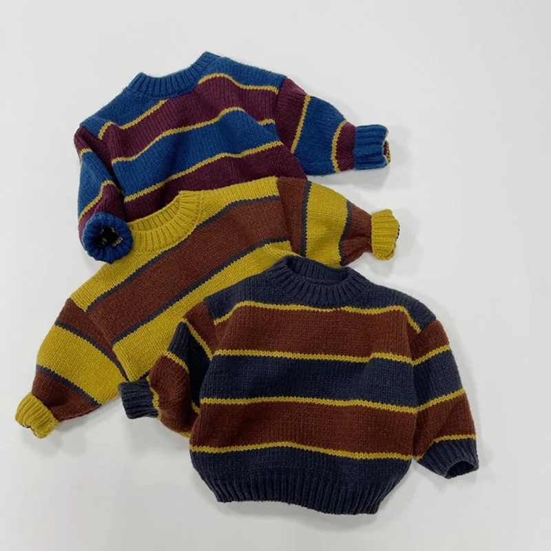 الخريف طفل الفتيان الفتيات ملابس الطفل سترة طفل متماسكة سترة فضفاضة مخطط تريكو طويلة الأكمام القطن الطفل البلوز القمم