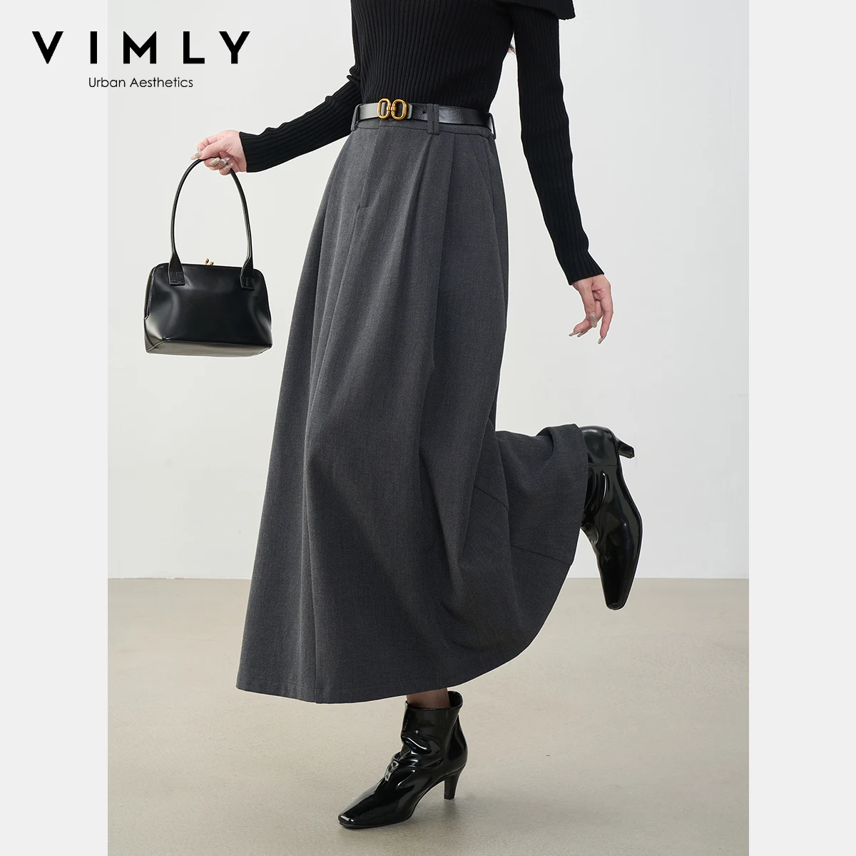 VIMLY Midi Women Skirt 2026 Autumn Office Lady Gray A-line Bud Elegant Ladies Skirt Zipper Loose Pockets Female Skirts A2202