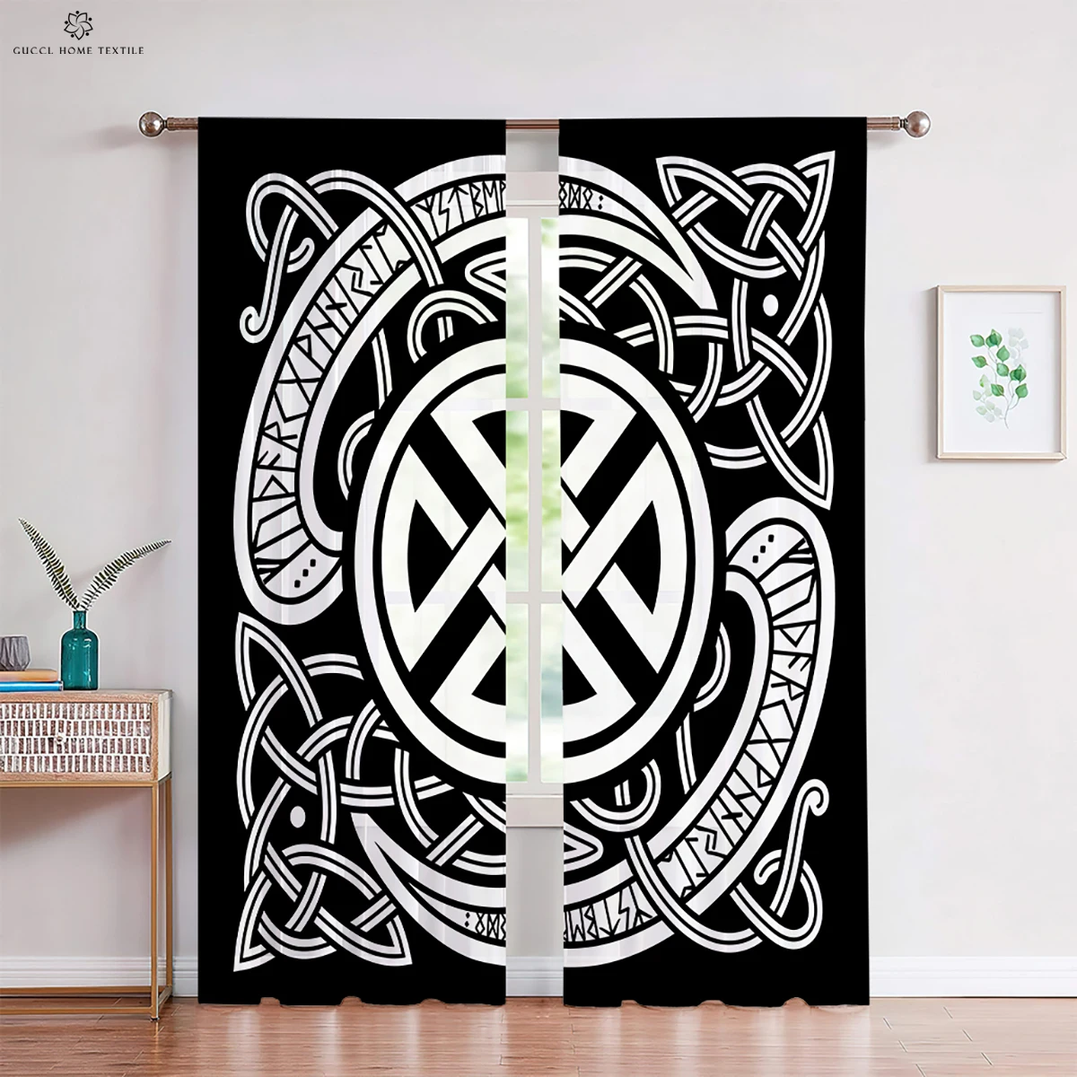 Pattern Warrior Rune Printed Curtains Black Red Polyester Fiber Curtains Bedroom Living Room Kitchen Curtains 2 Pieces