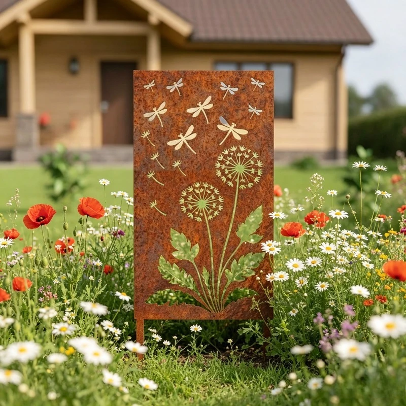 A Natural Rusted Metal Dandelion Flower Metal Garden Screen, Rustic Steel Outdoor Partition, Modern Fence and Yard Privacy Panel
