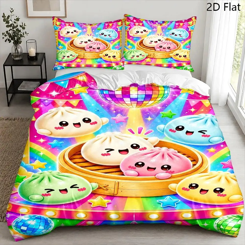 Colorful Cartoon Xiaolongbao Dreamy Duvet Cover Set 3Pc Bedding with 2 Pillowcases Invisible Zipper Machine Washable