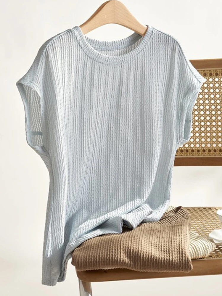 

New Pure Color round Ne Texture Faion Summer Top Commute Ice Silk Knitted irt T-irt ort Sve Color Knitwear