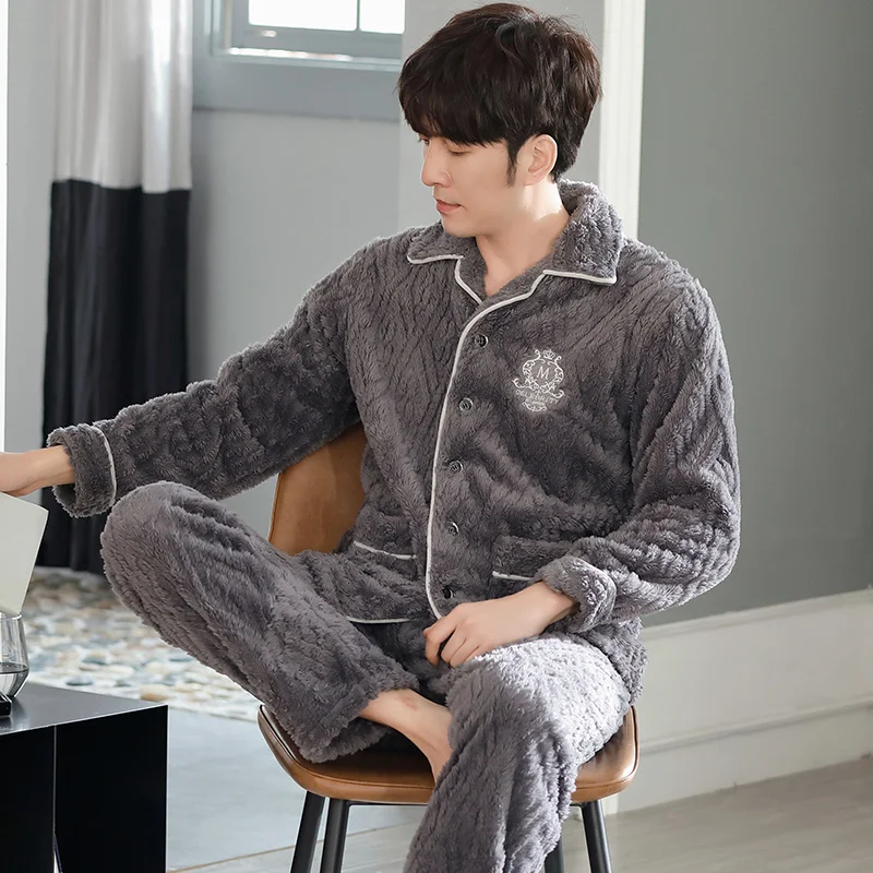 

Men Pyjama Set Coral Fleece Winter Long Sleeve Embroider Men Pajama Suit Autumn Nightwear Collar Pijama Male Sleepwear Two Piece