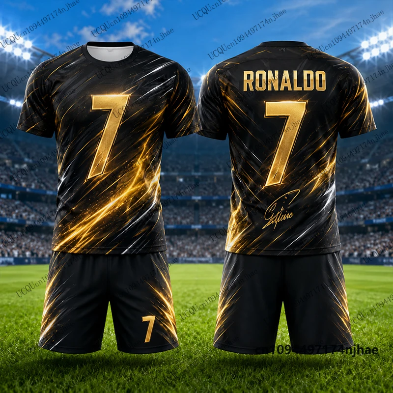 2-teiliges Outfit Kinder-Trainingsanzug Fußballtrikot Ronaldo # 7 T-Shirt + Shorts Set, Freizeitanzug, Sportbekleidung für Kinder/Erwachsene – Detail 8