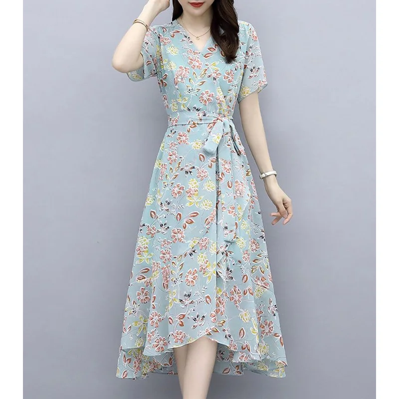 2023 New Summer Fashion Commuting Simple V-neck Printed Lace Up Waist Covering Belly Temperament Casual Irregular Dress