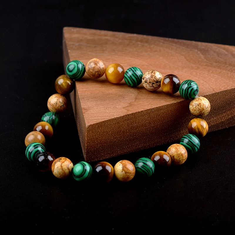 Natural Stone Bead Bracelet Man Women Triple Protection Reiki Jewelry Tiger Eye Howlite Malachite Couple Bracelet Homme Gift