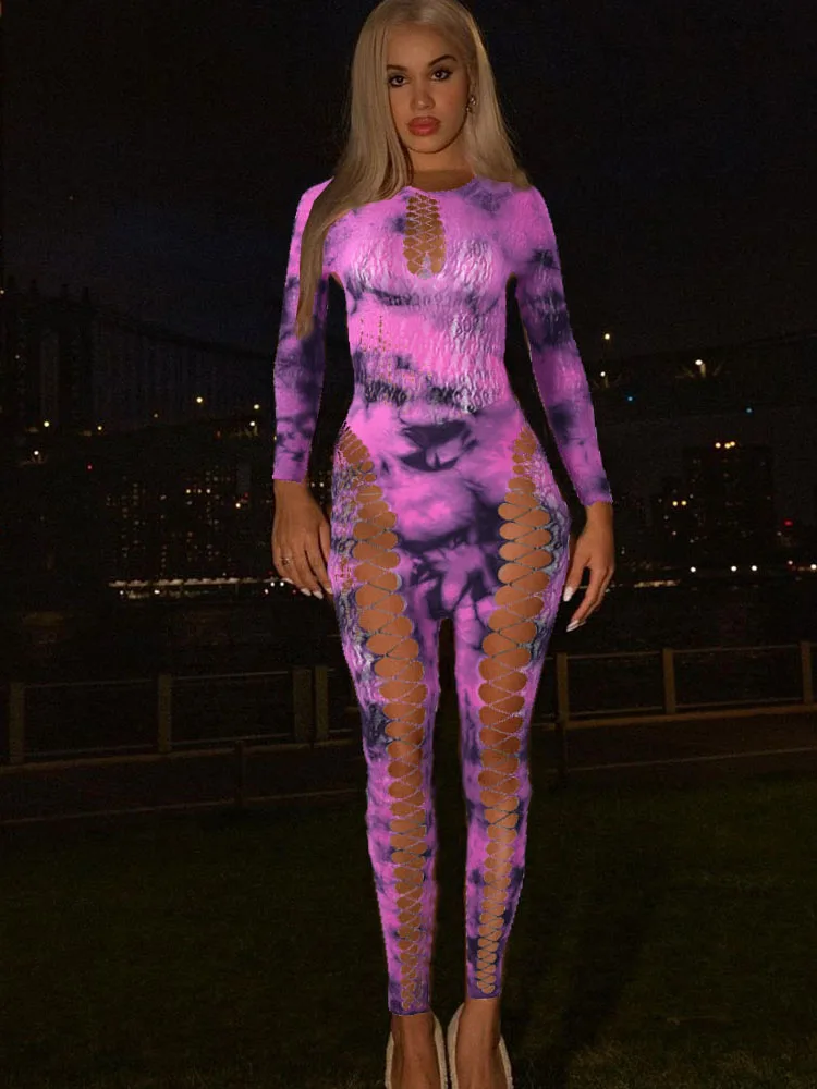 

Kliou Tie Dye Женские комбинезоны с вырезами Потрясающие весенние новые узкие комбинезоны с длинными рукавами и круглым вырезом Женский привлекательный клубный цельный комбинезон
