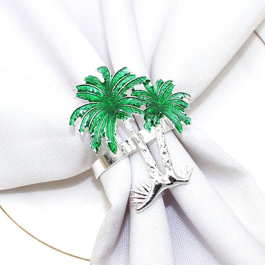 

4 Pcs Coconut Napkin Rings Hawaiian Iron Tree Metal Beach Luau Supplies Elegant Table Setting Tropical Leaf Greenery