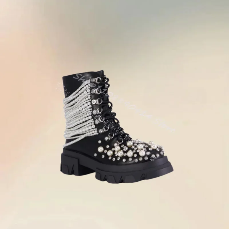 

Pearl Chain Decor Black Round Toe High Top Boots Cross Tied Women Shoes Chunky Heels Sexy Party Banquet 2026 Zapatos Para Mujere