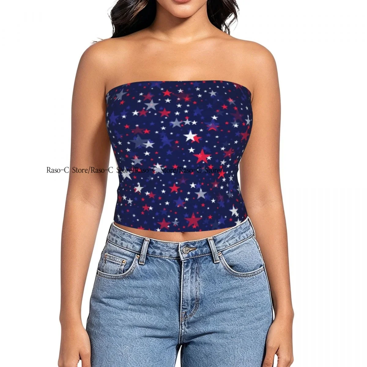 Women Block Crop Slim Tube Top Colorful Stars Background Strapless Top For Summer Female Clothing