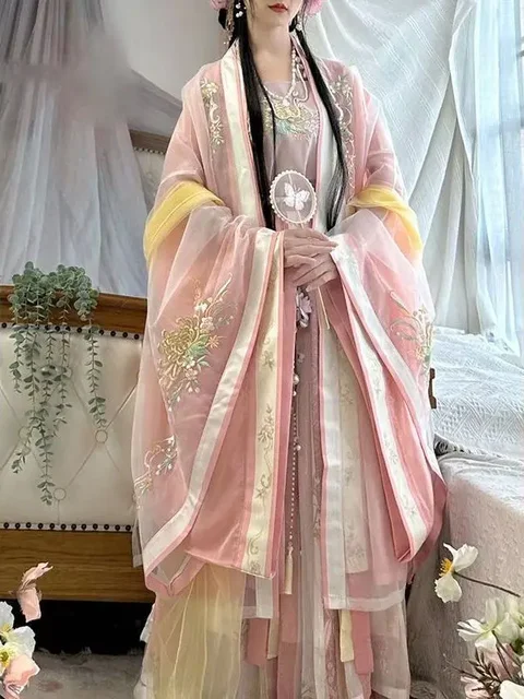 Vestido Hanfu de estilo chino tradicional antiguo para mujer, traje de baile folclórico de escenario, ropa de dinastía de canciones Retro, bordado de hadas elegante