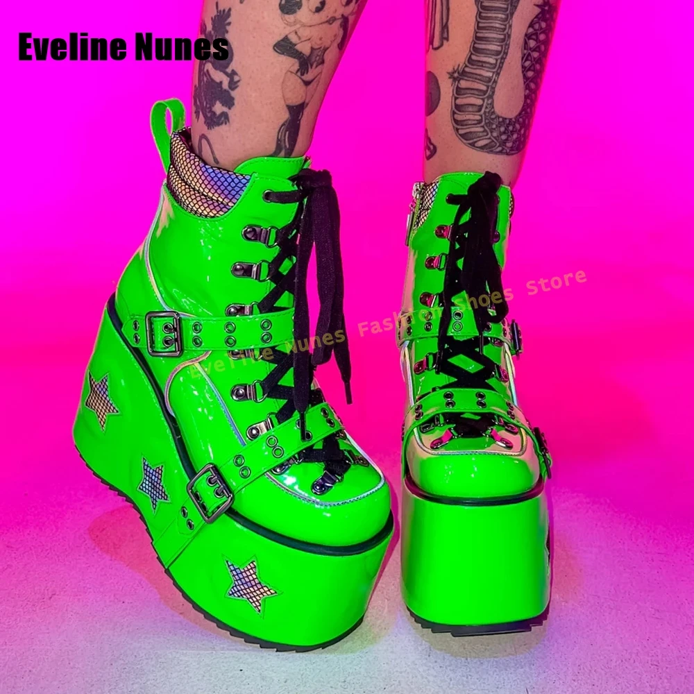 Green Spaced Out Platform Boots Round Toe Wedge Belt Buckle Lace Up Patchwork Women Cyberpunk Boots Gothic Style Y2K Shoes 2025