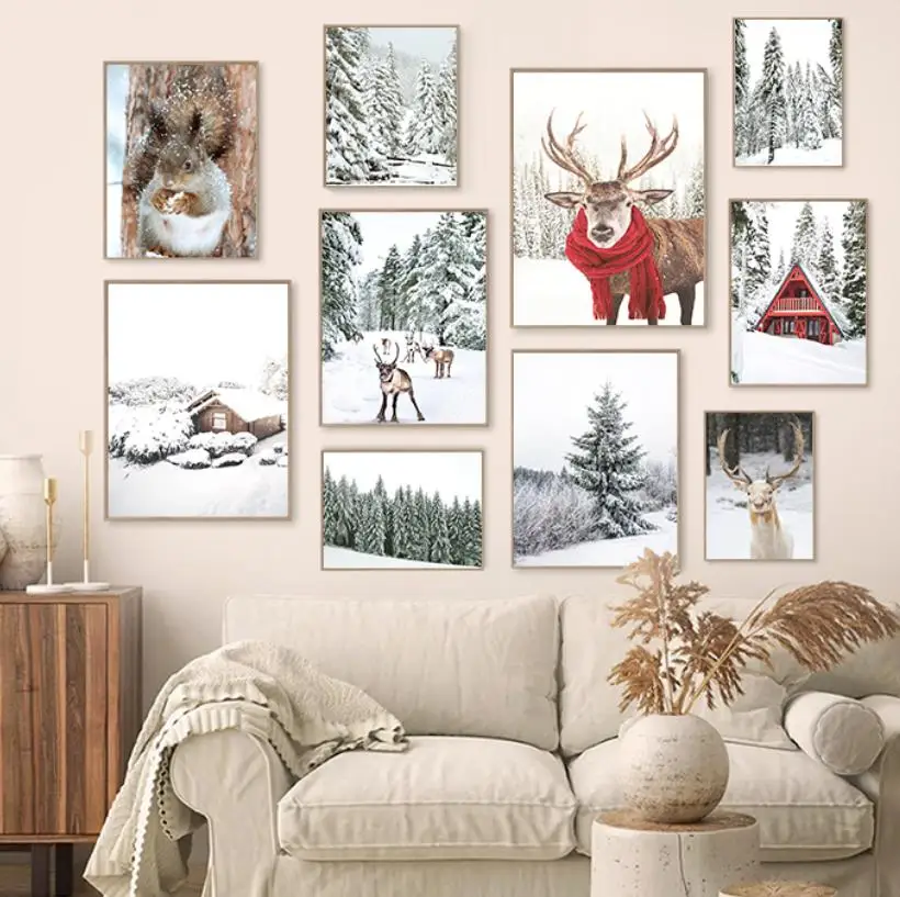 مطبوعات ملصقات الغابات الشتوية أرض العجائب ، لوحة قماشية لأيل الرنة والصنوبر الراتينجية ، فن جداري للمناظر الطبيعية ، ديكور صور عيد الميلاد